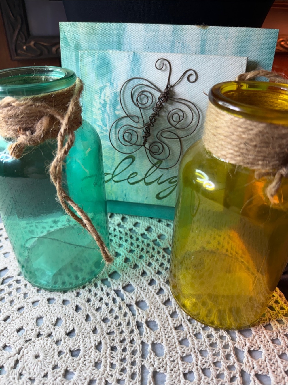 Aqua and Amber Decorative Glass Jars with Twine